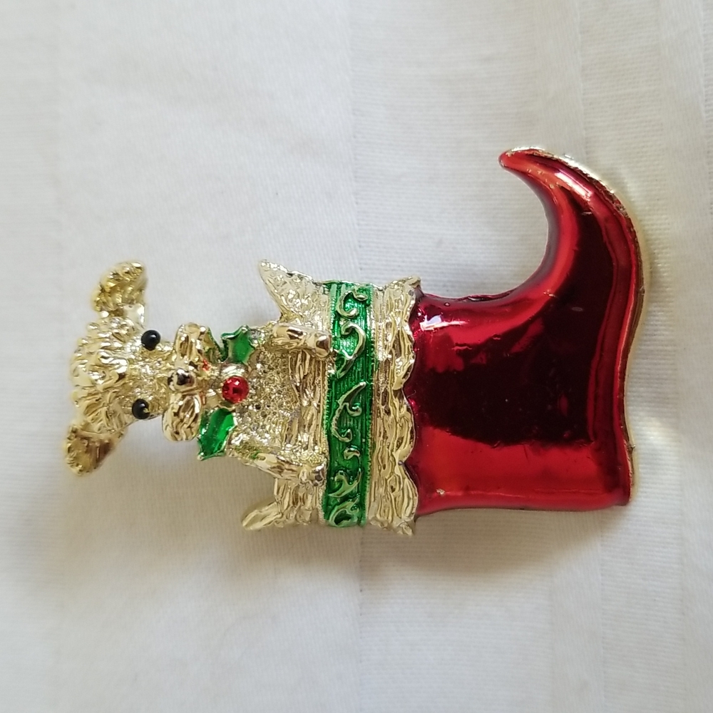 Vintage Gerrys Poodle Dog Red Gold Stocking Brooch